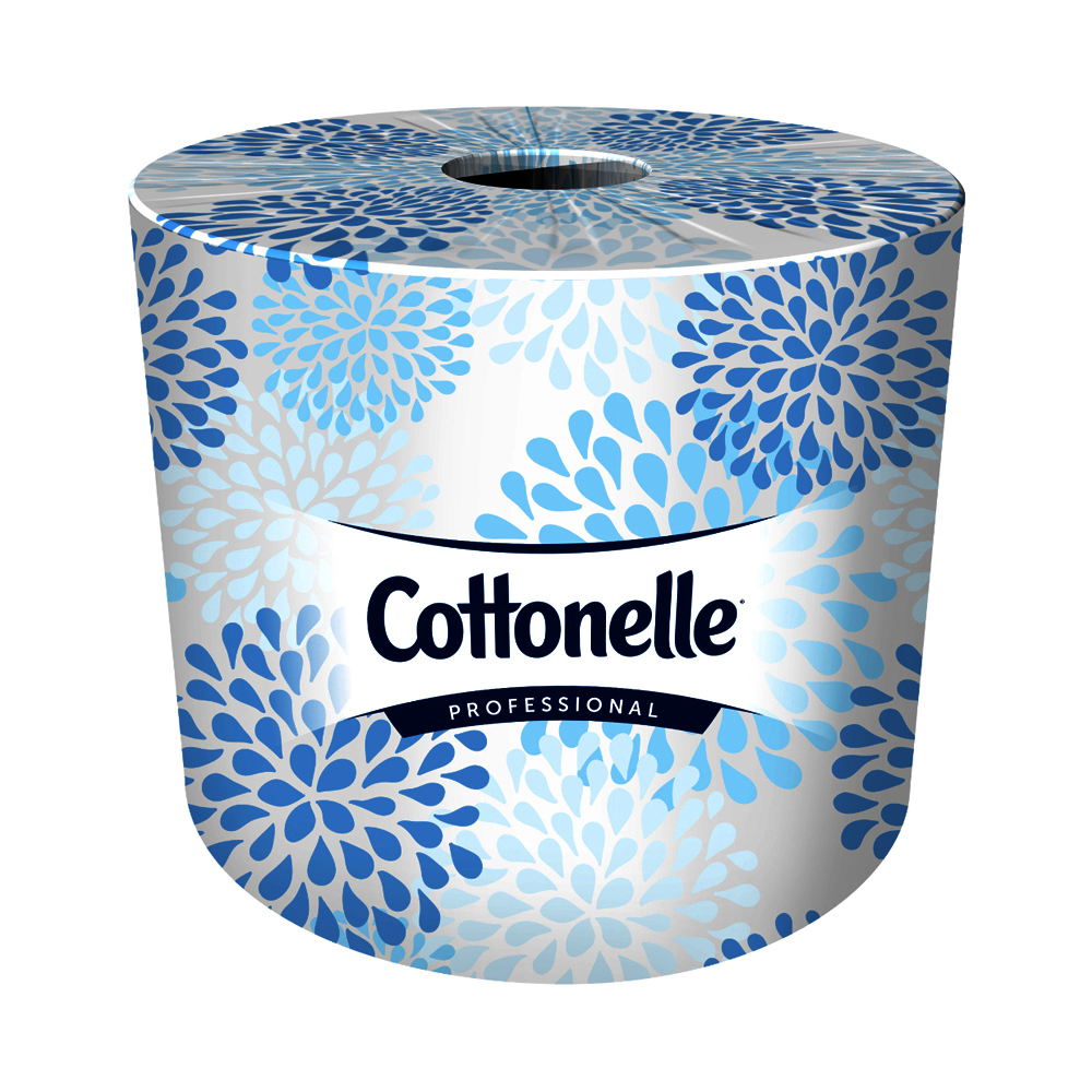 A roll of toilet paper with blue floral patterns on the packaging Cottonelle® 2-Ply White Toilet Tissue (4.09 in. x 4 in., 451 SH/RL, 20 RL/CS)